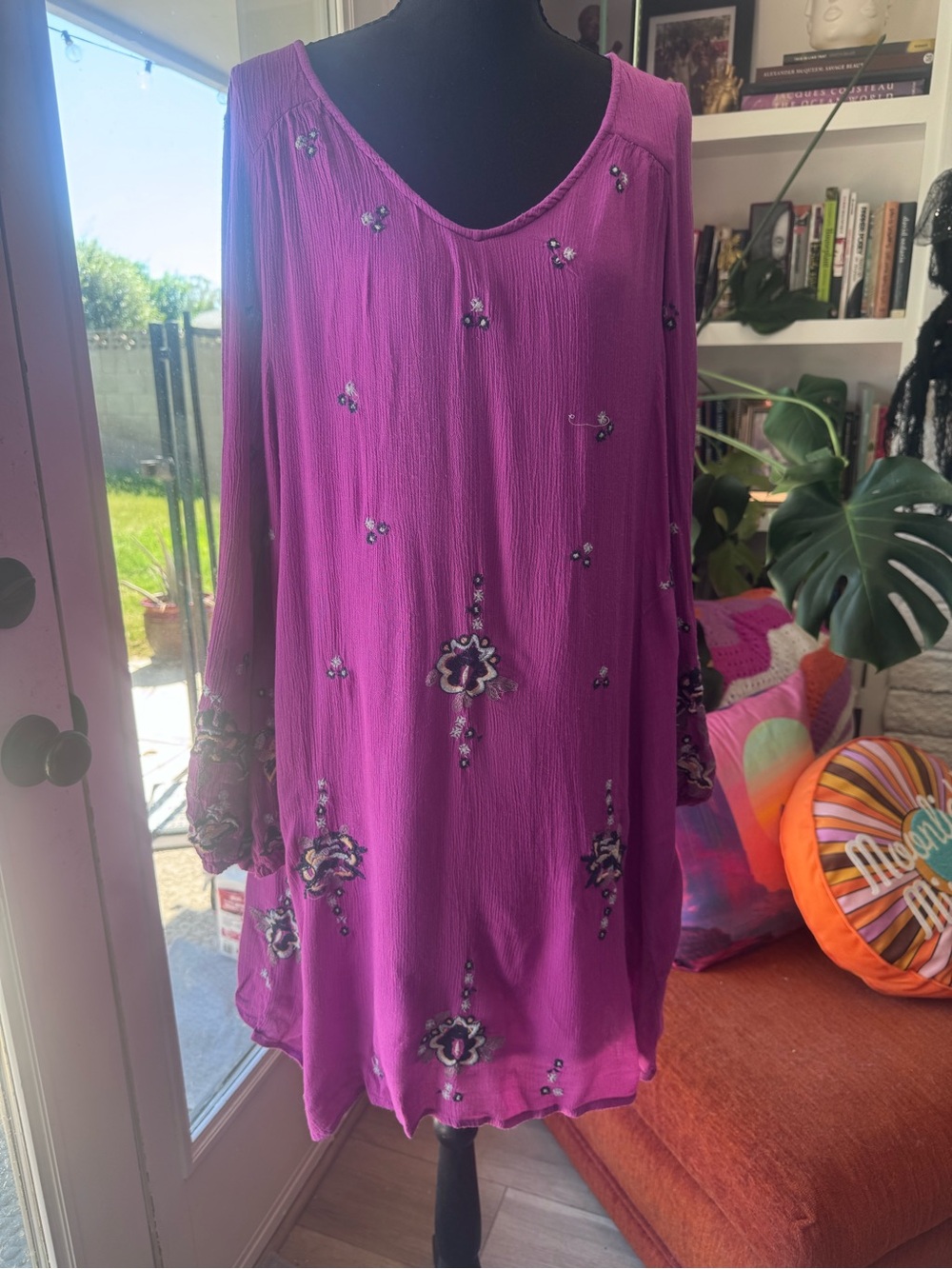 Free People Magenta Embroidered Long Sleeve Tunic Dress